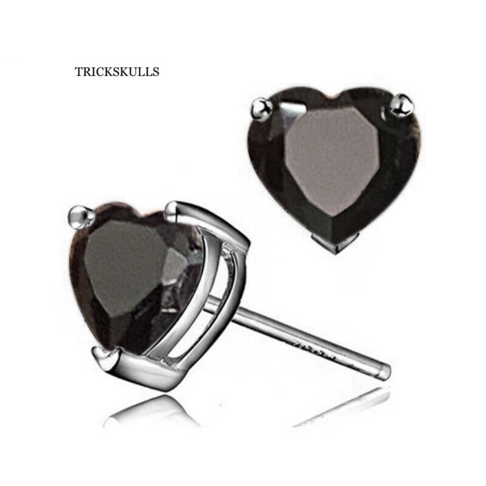 Silver Stainless Black Heart Cut Cubic Zirconia Stud Earrings New & Sealed!